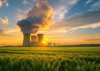 Power station emitting smoke with green fields and sunset sky in the background, depicting global climate change.